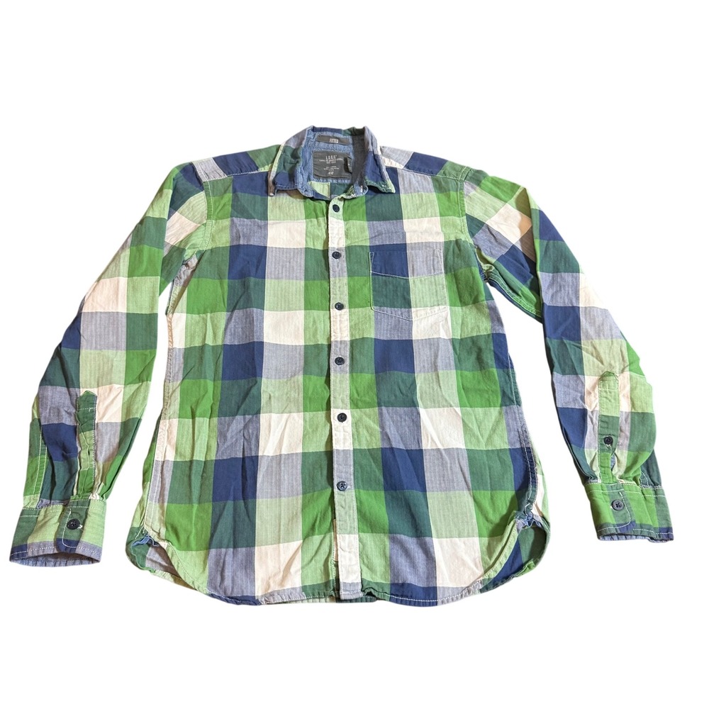 H&M LOGG Mens Plaid Long Sleeve Button Up Shirt Green Blue Cream‎ Size S Fitted